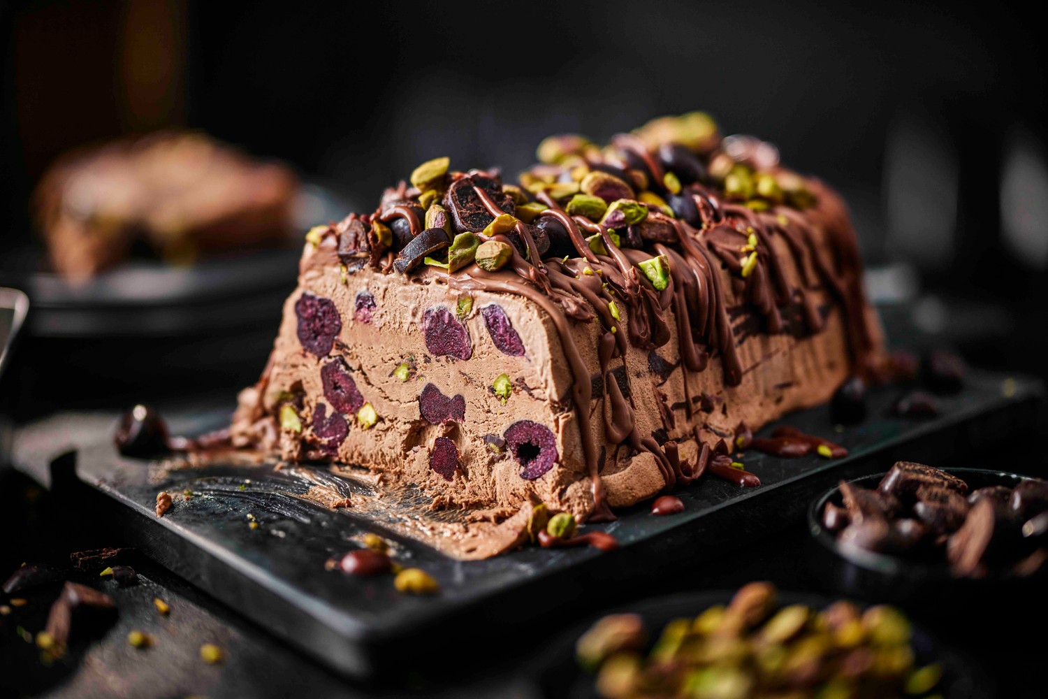 Cherry, chocolate and pistachio semifreddo