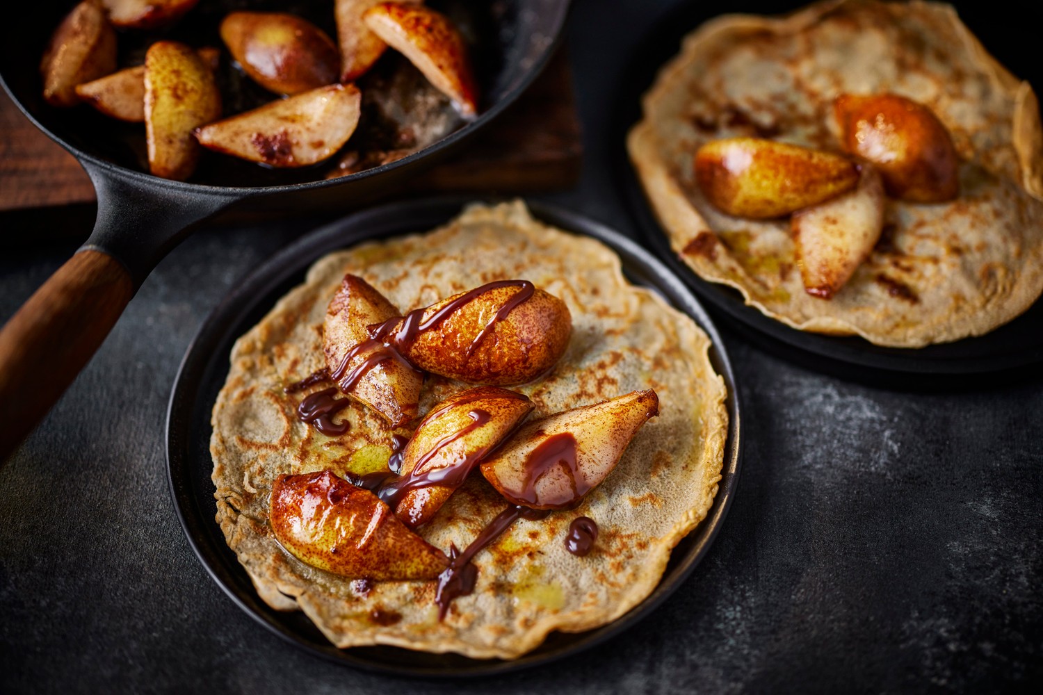 Cinnamon crepes with caramelised pears recipe