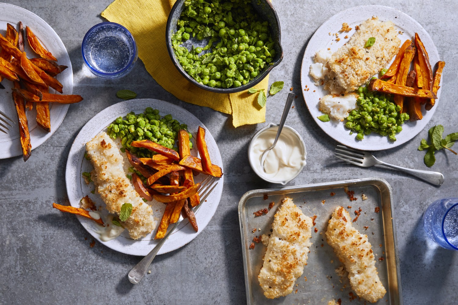 Fish and chips with minty peas