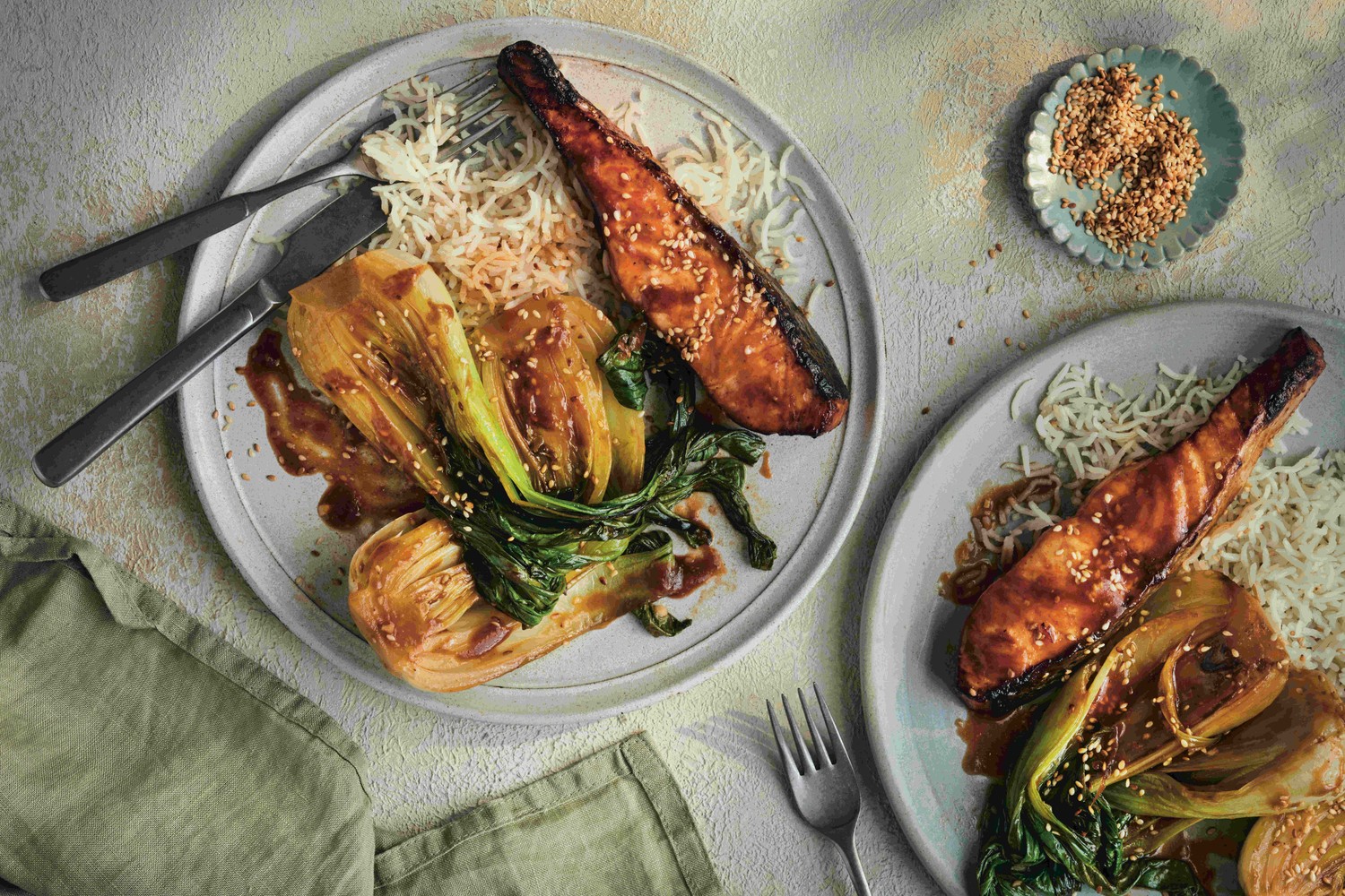 Teriyaki salmon with sesame pak choi