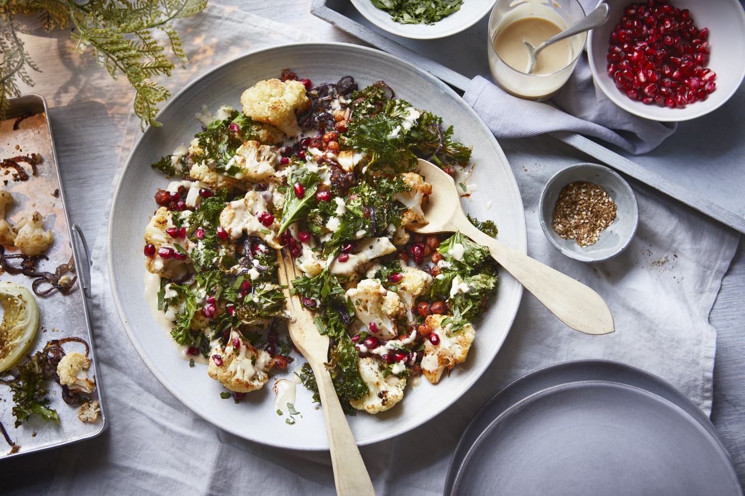 Za’atar-roasted cauliflower, kale and chickpea salad