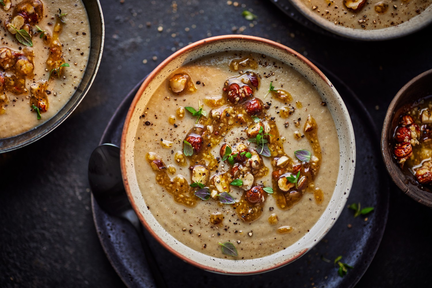 Celeriac and mushroom soup with truffle hazelnut pesto