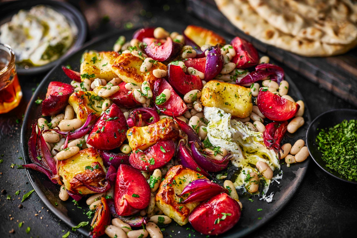 Sticky halloumi, plum and white bean salad recipe