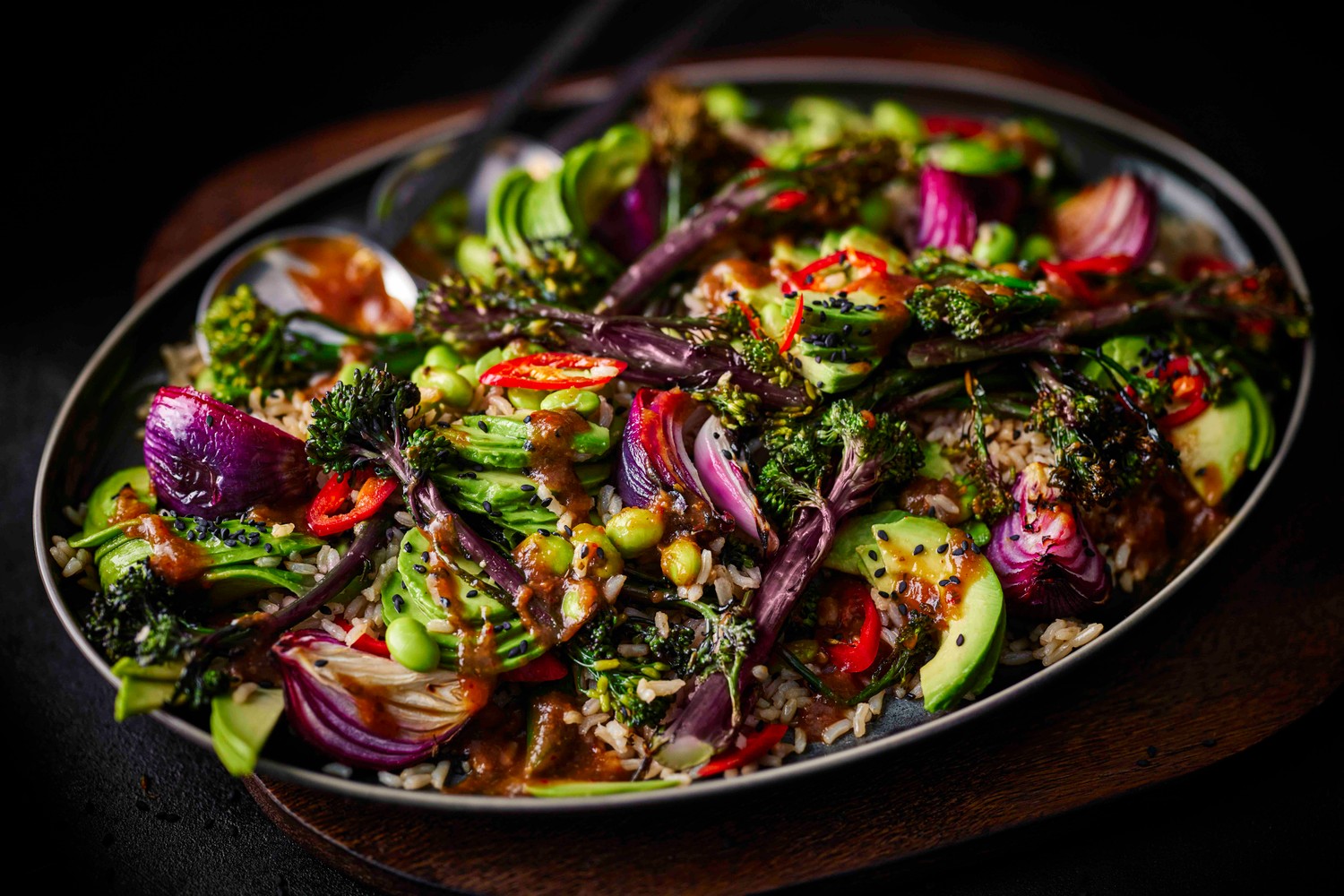 Roasted Purple Tenderstem broccoli, edamame and avocado salad recipe
