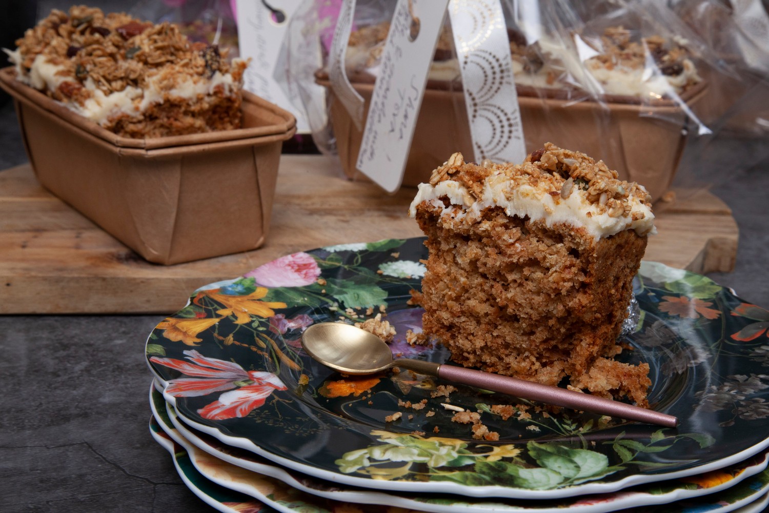 Spiced apple and caramelised granola cake with salted honey buttercream