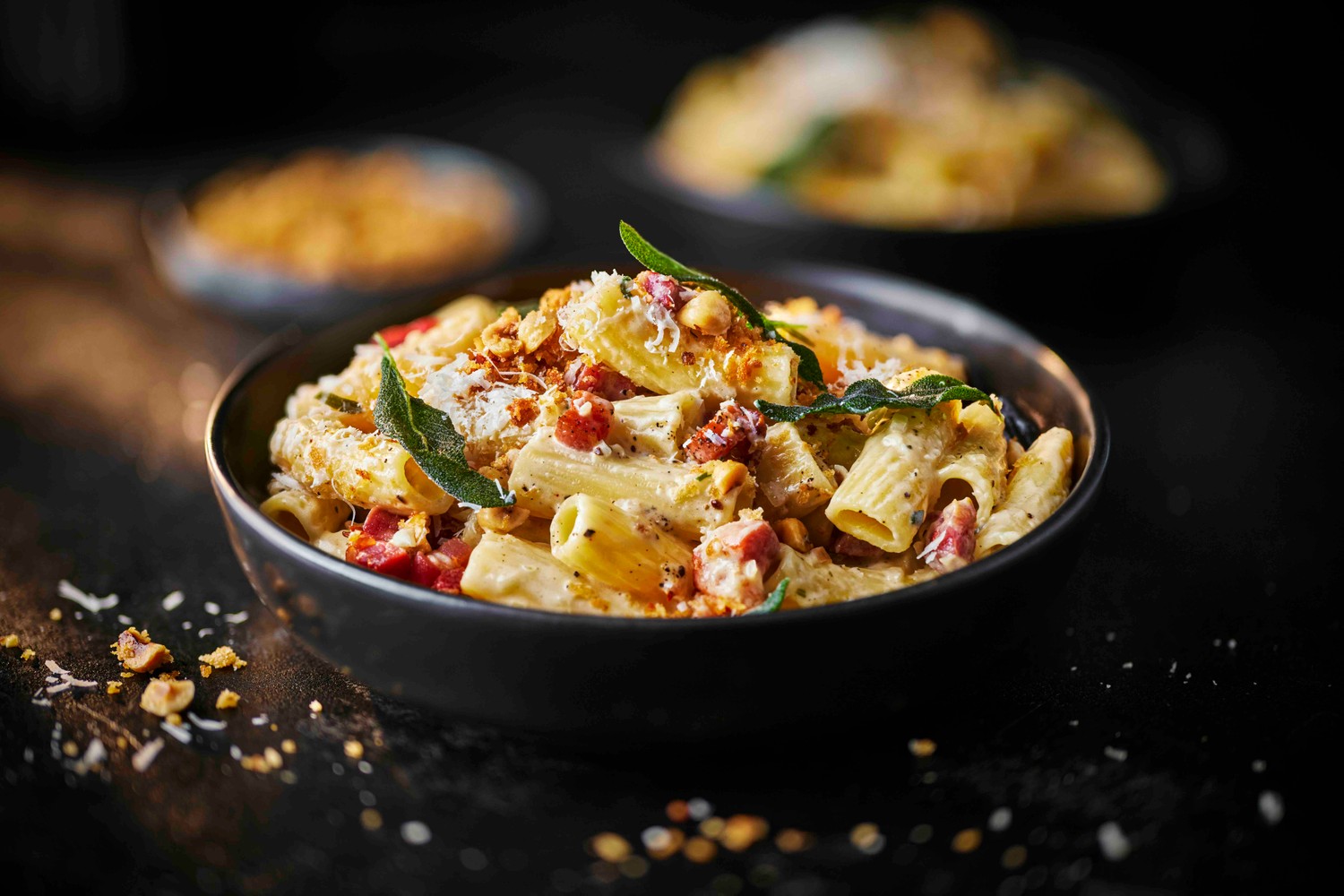 Creamy cheese and pancetta rigatoni