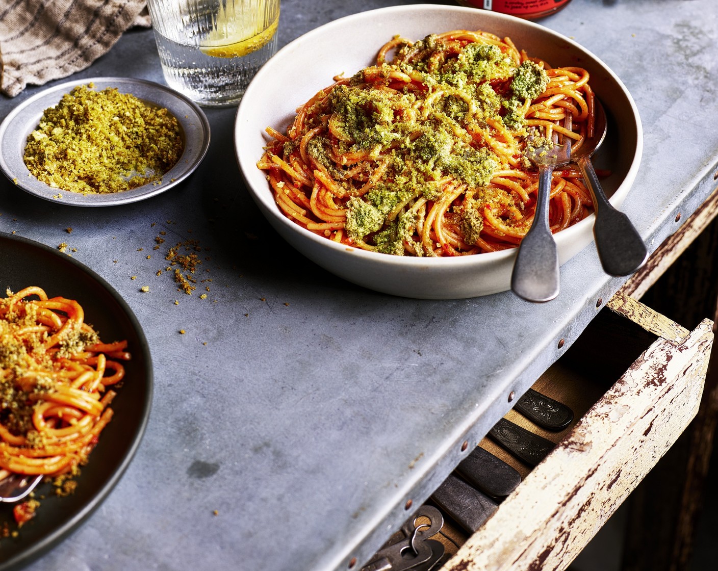 step 4 Place into serving bowls, topping each with a teaspoon of the remaining pesto (30 g) and a generous sprinkle of the pesto crumb.