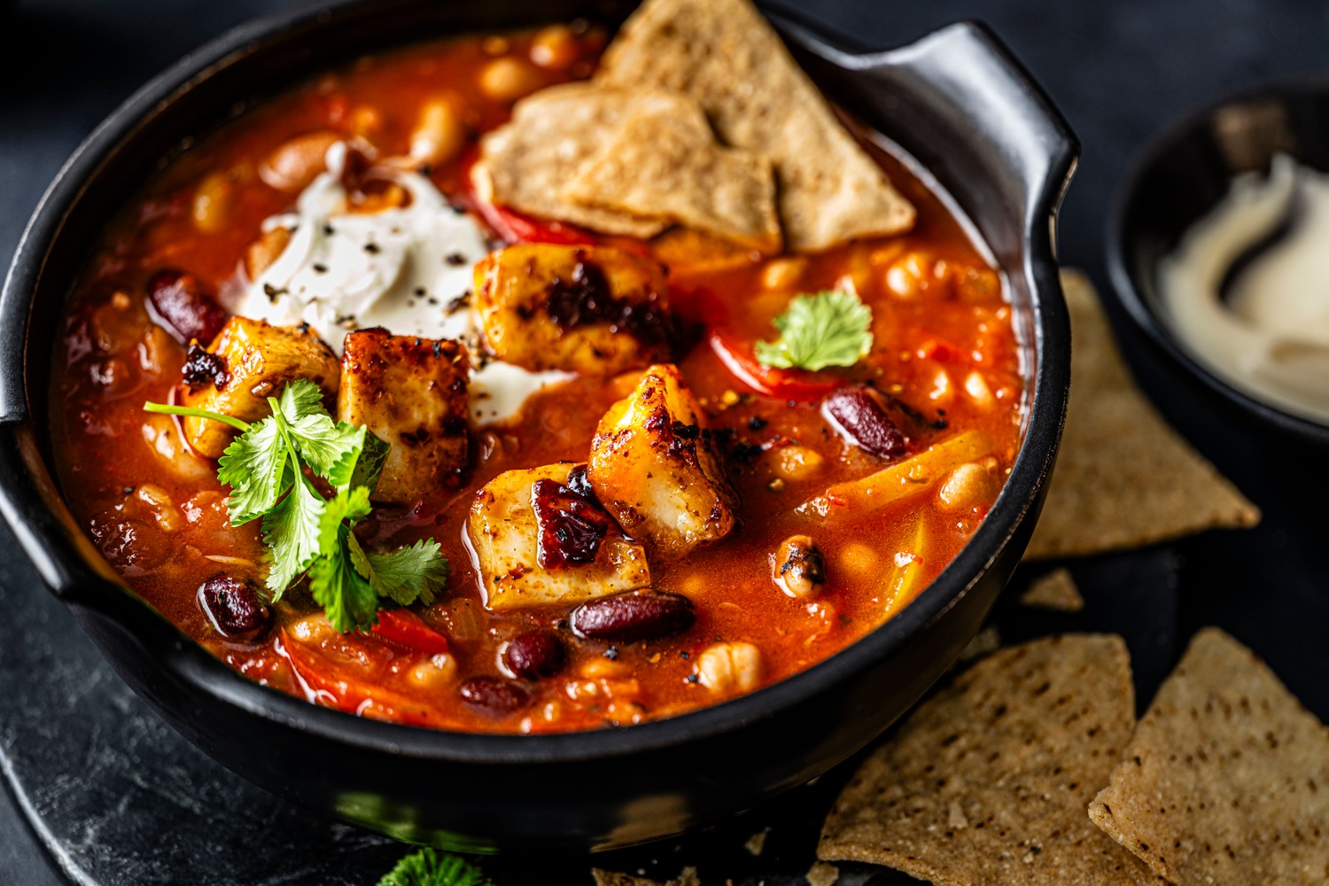 Vegetarian chilli soup with halloumi 'croutons' recipe