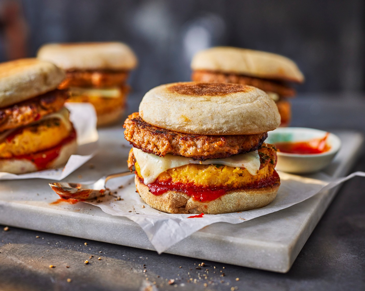 step 5 Top with the remaining muffin halves and serve with your favourite dipping sauce.