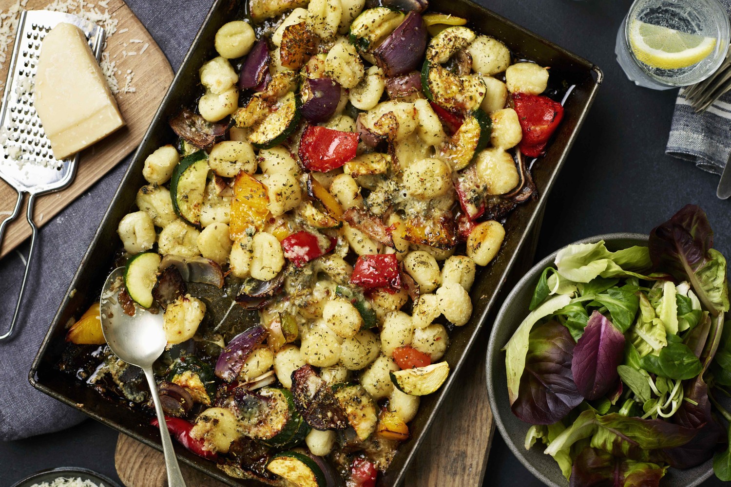 One-pan crispy gnocchi with Mediterranean veg and blue cheese