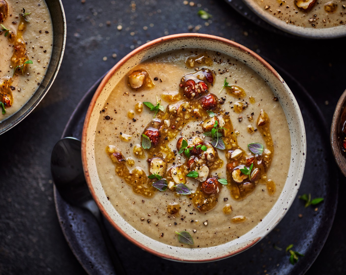 step 5 Serve the soup in bowls, topped with the truffle and hazelnut pesto.