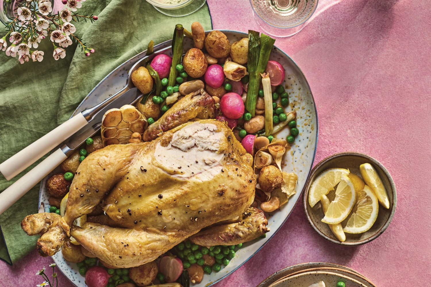 Lemon roast chicken with spring vegetables