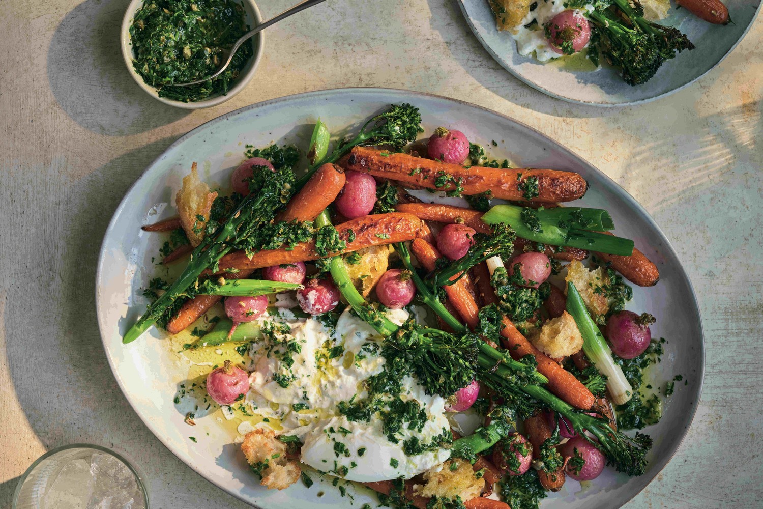 Roasted carrots, Tenderstem broccoli and radishes with burrata