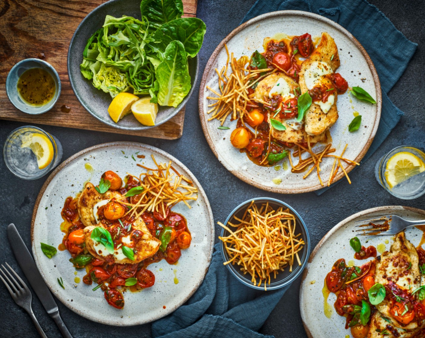 step 9 Divide the chicken between four plates, spoon over the sauce and garnish with the remaining basil (1/2 pack). Serve with the fritte and salad.
