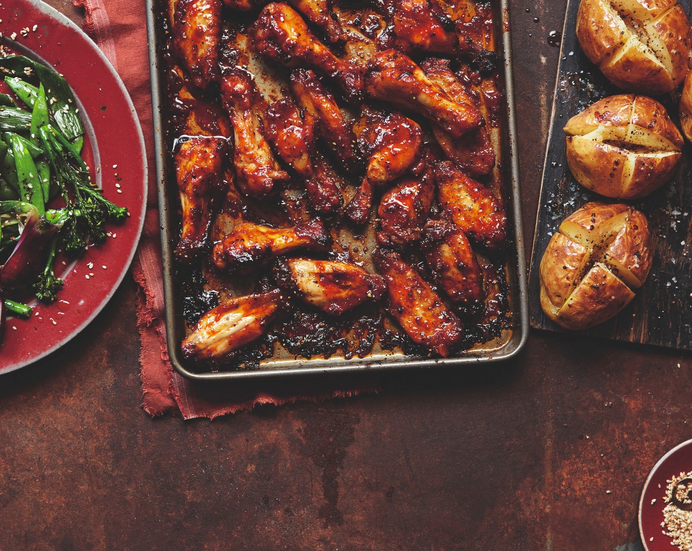 Sweet and sticky chilli chicken wings with blackened greens