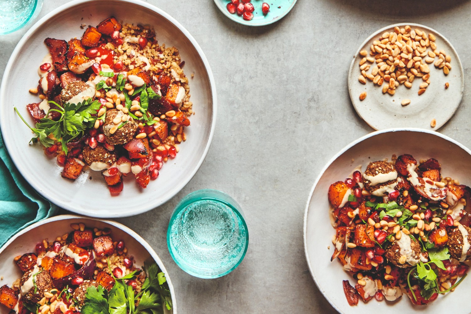 Middle Eastern-inspired za'atar veggie balls, grains and tahini