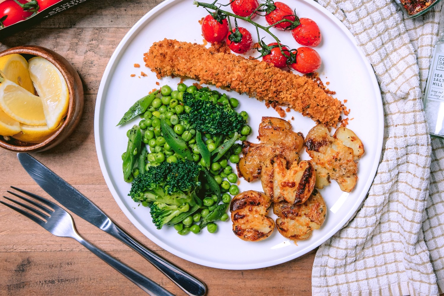 Breadcrumb crusted salmon with crushed potatoes