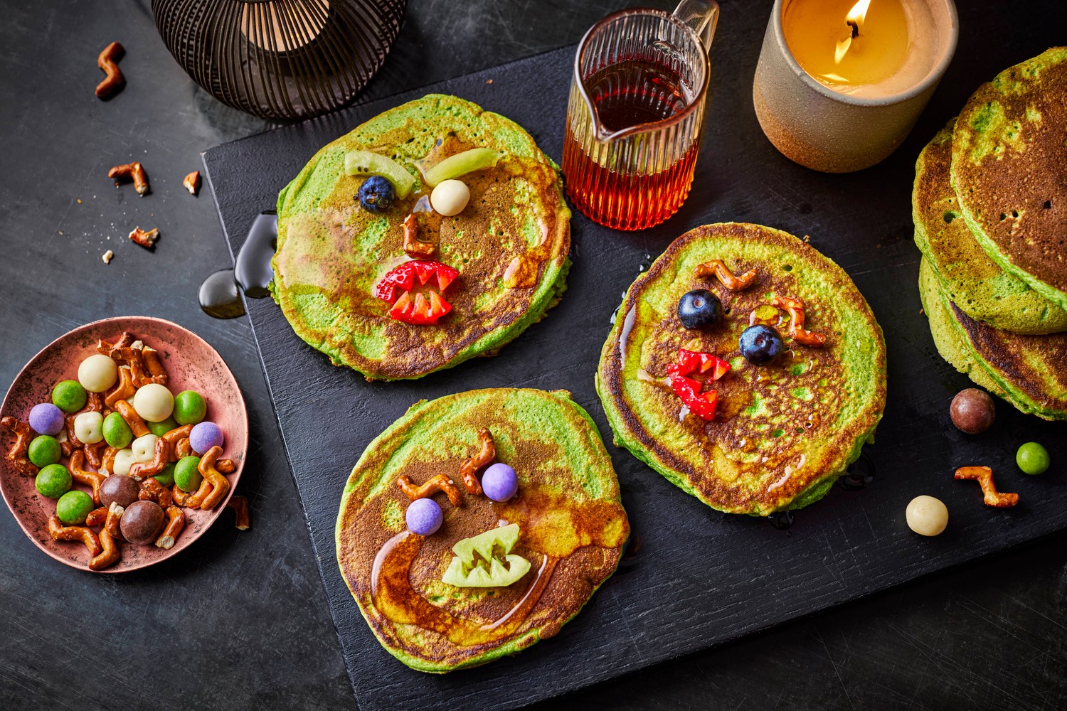 Spooky spinach monster pancakes