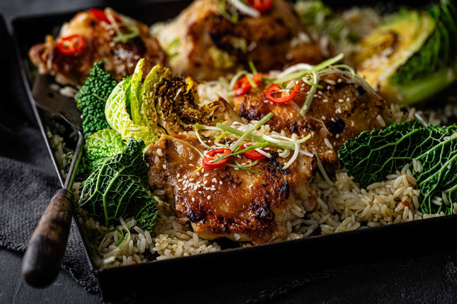 Miso roast chicken and caramelised cabbage traybake recipe
