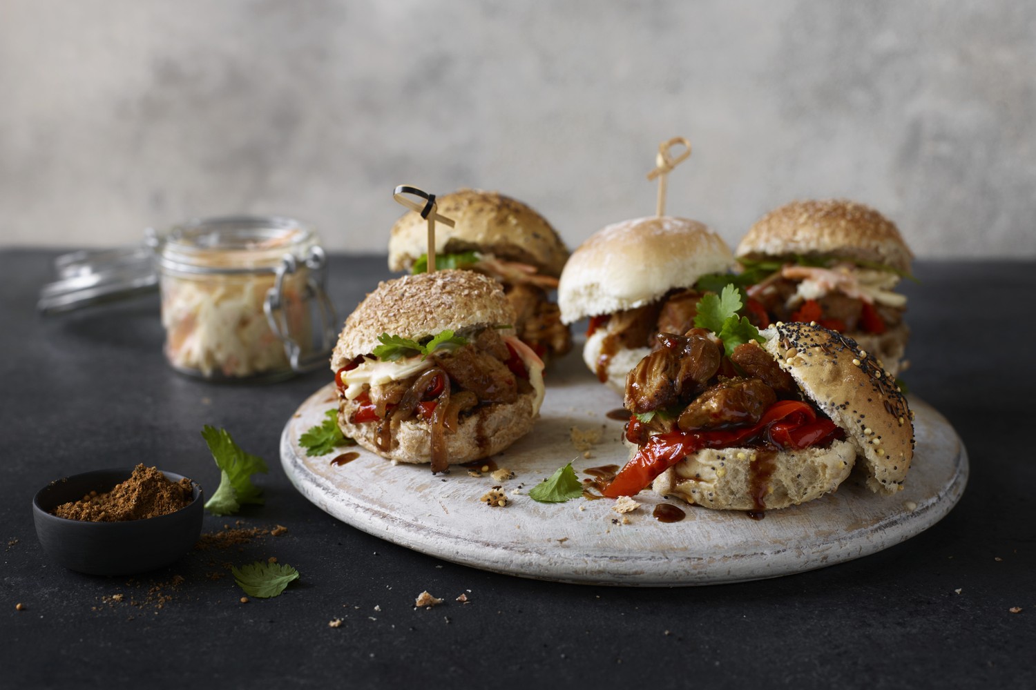 Slow-cooked sweet and spicy pork belly mini rolls