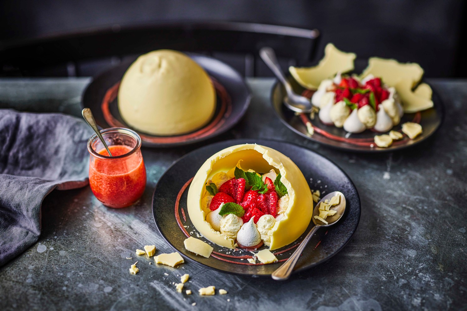 White chocolate sphere and eton mess