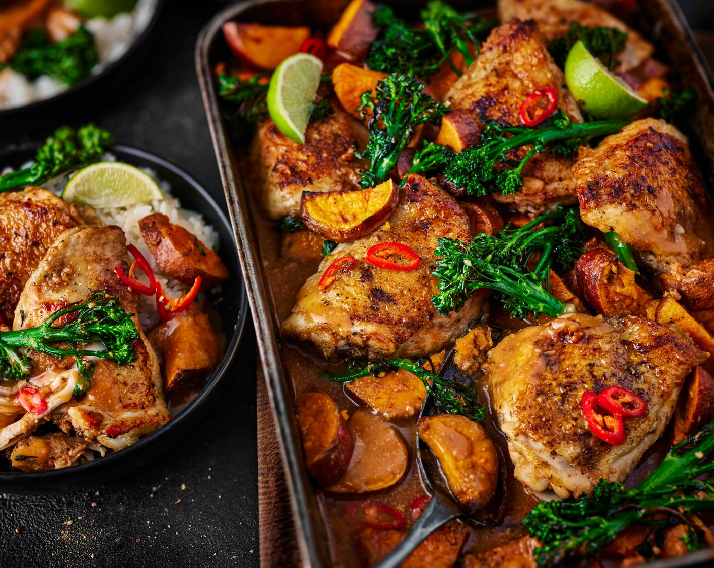 step 7 Scatter over the sliced red chilli (1) and serve the chicken with lime wedges (1) and the cooked rice.