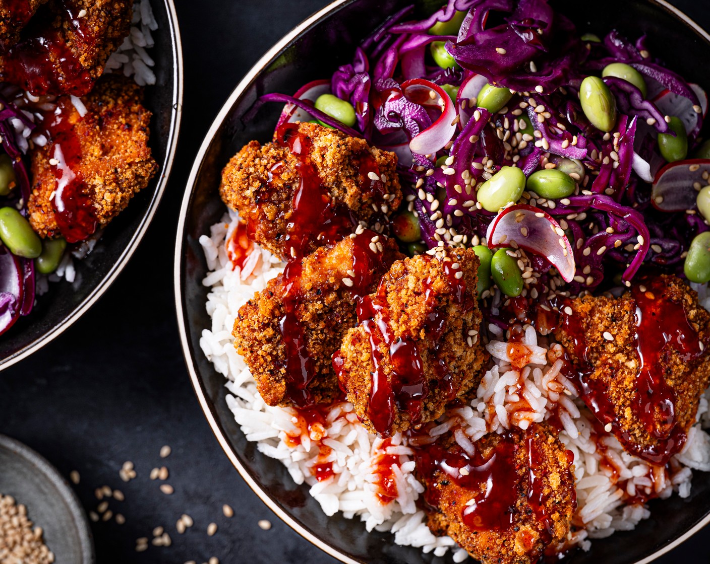 step 5 Serve the chicken and rice alongside the slaw, topped with the sesame seeds (1 tbsp).