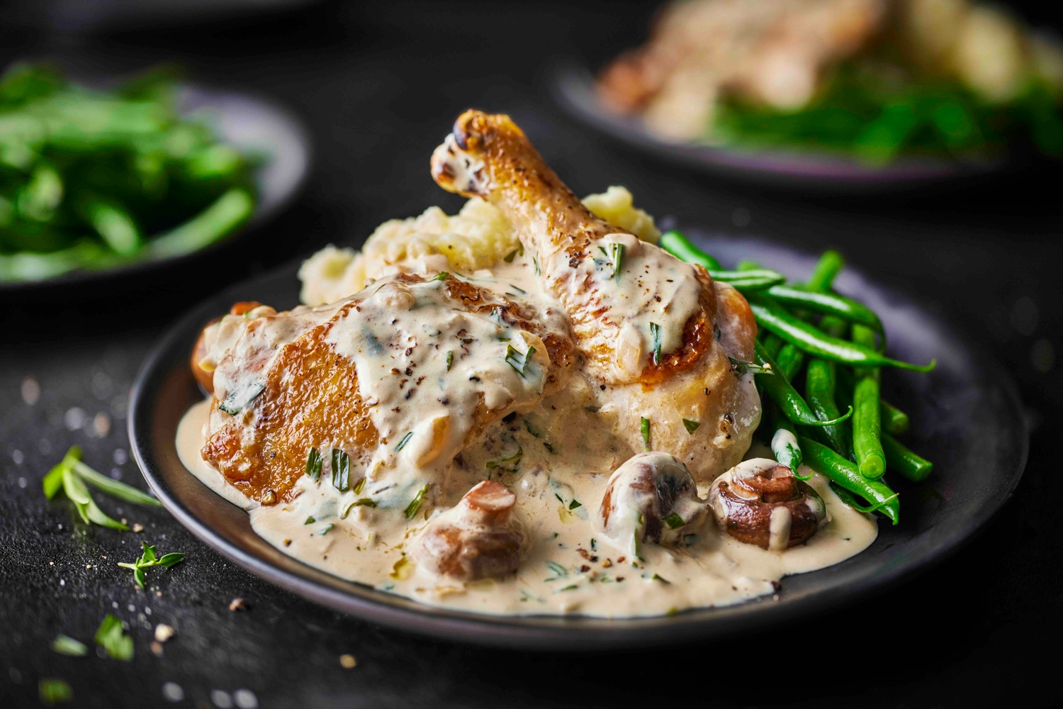 Michael Caines’ chicken fricassee with mushrooms, garlic mash and green beans