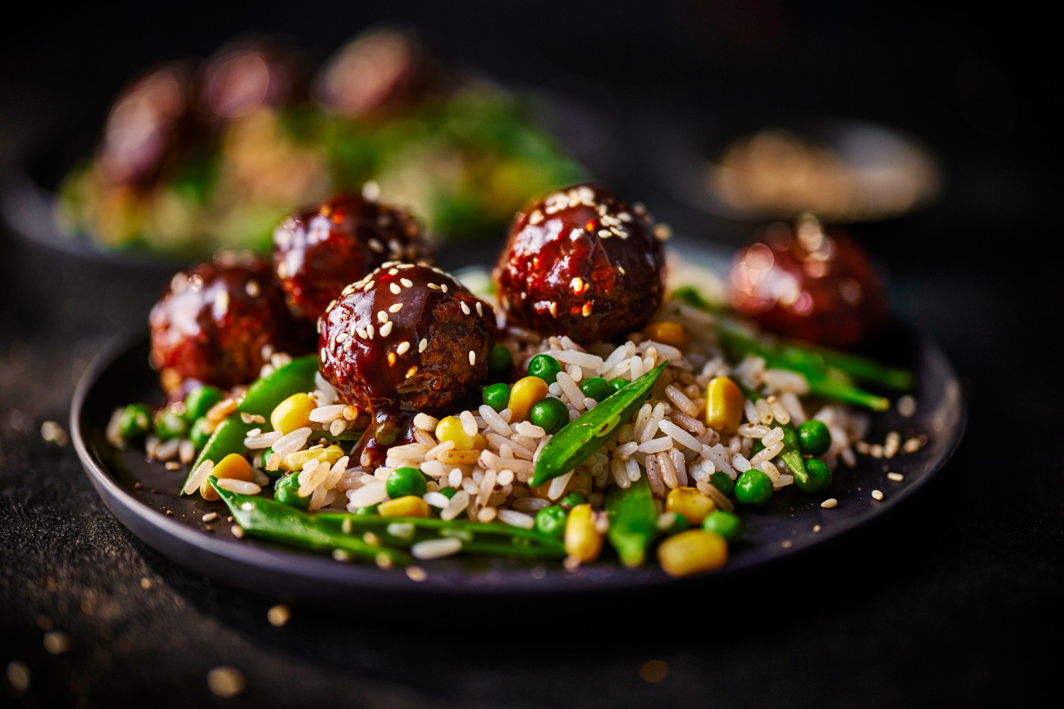 Sticky hoisin vegan meatballs and rice recipe