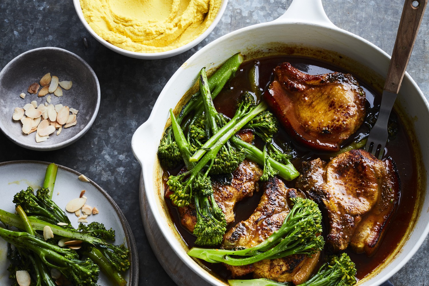 Honey-glazed pork chops with turmeric and ginger butterbean mash
