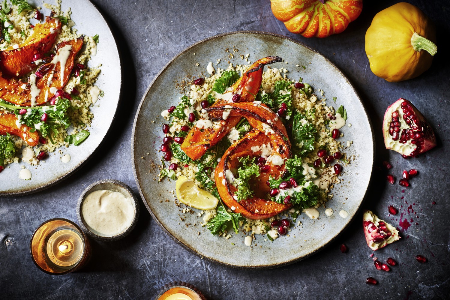 Roasted pumpkin salad with tahini dressing and pomegranate
