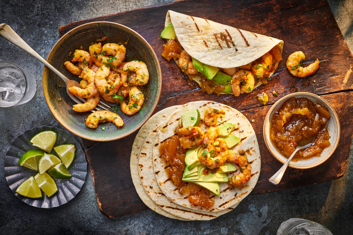 Charred pineapple prawn tacos