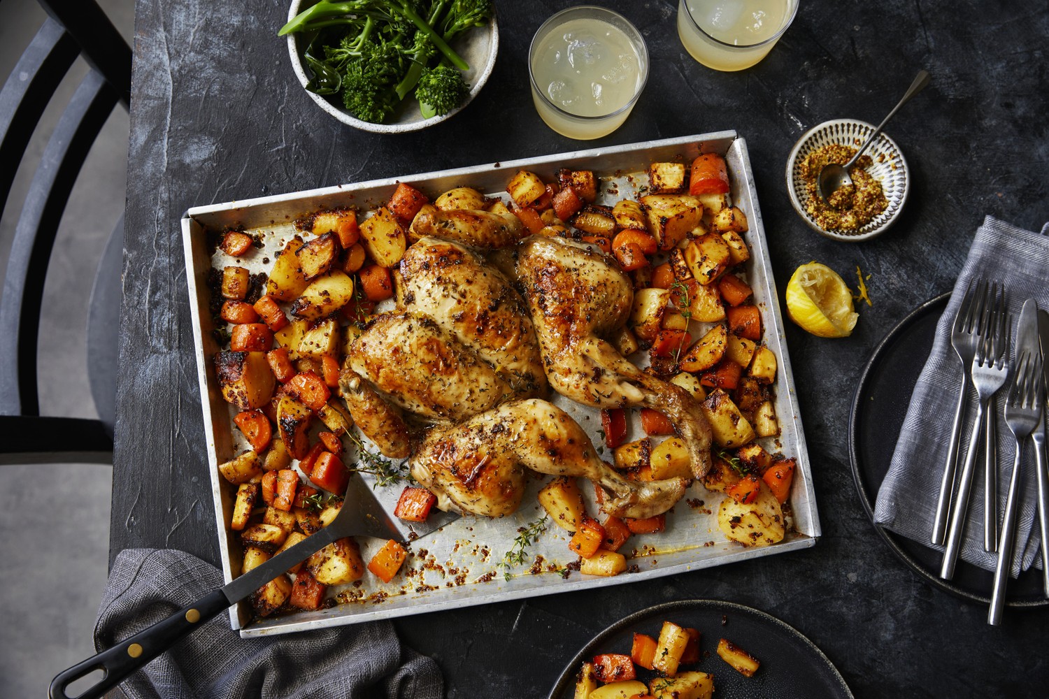 Lemony herb chicken with roasted roots