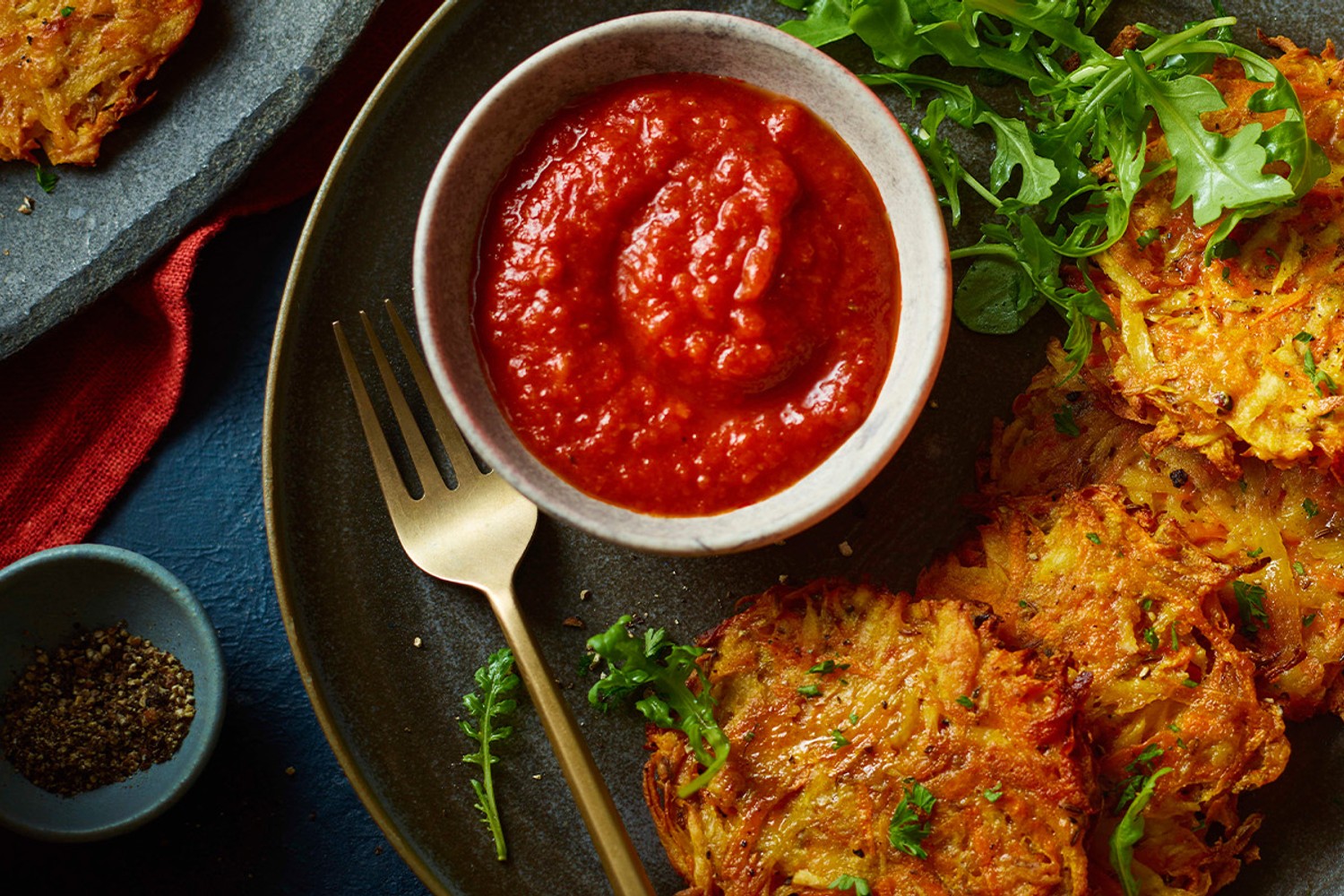 Parsnip and carrot rosti with Calabrian chilli and fennel ragu