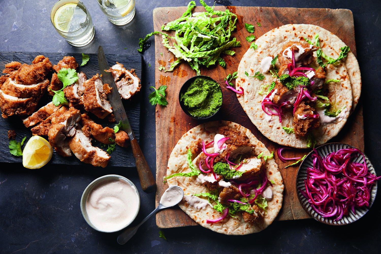 Keralan spiced chicken roti wraps with pickled onions, cabbage slaw and coriander chutney
