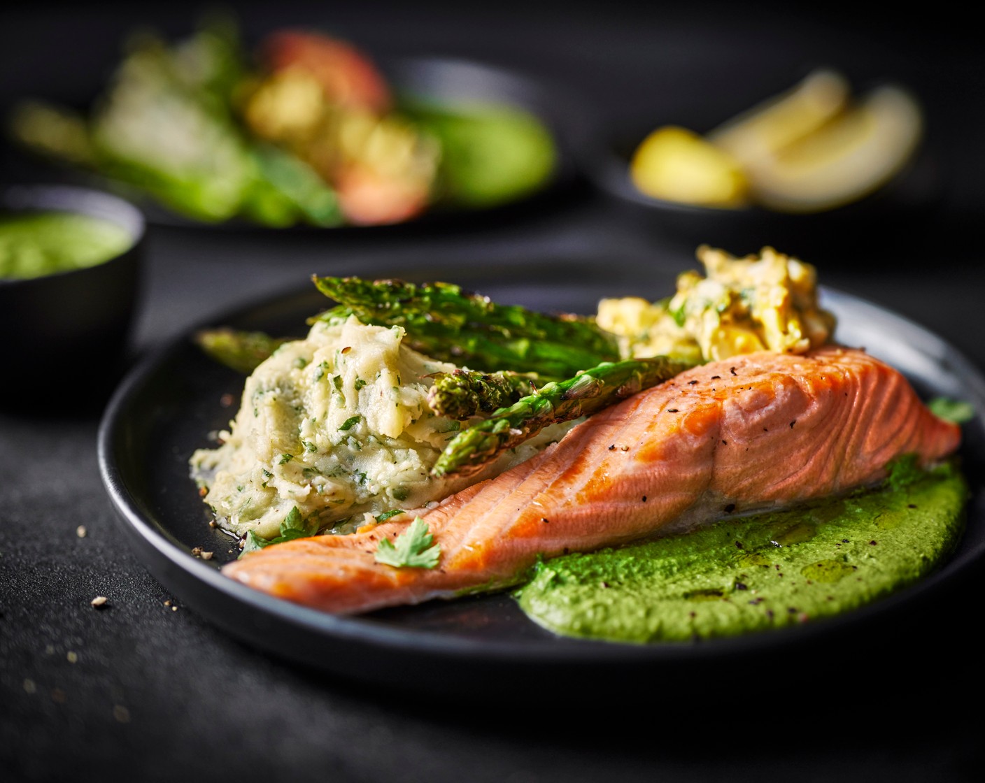 step 10 Using a slotted spoon, transfer the trout to kitchen paper to absorb any excess water, then serve with a dollop of mash, the grilled asparagus and your sauces.
