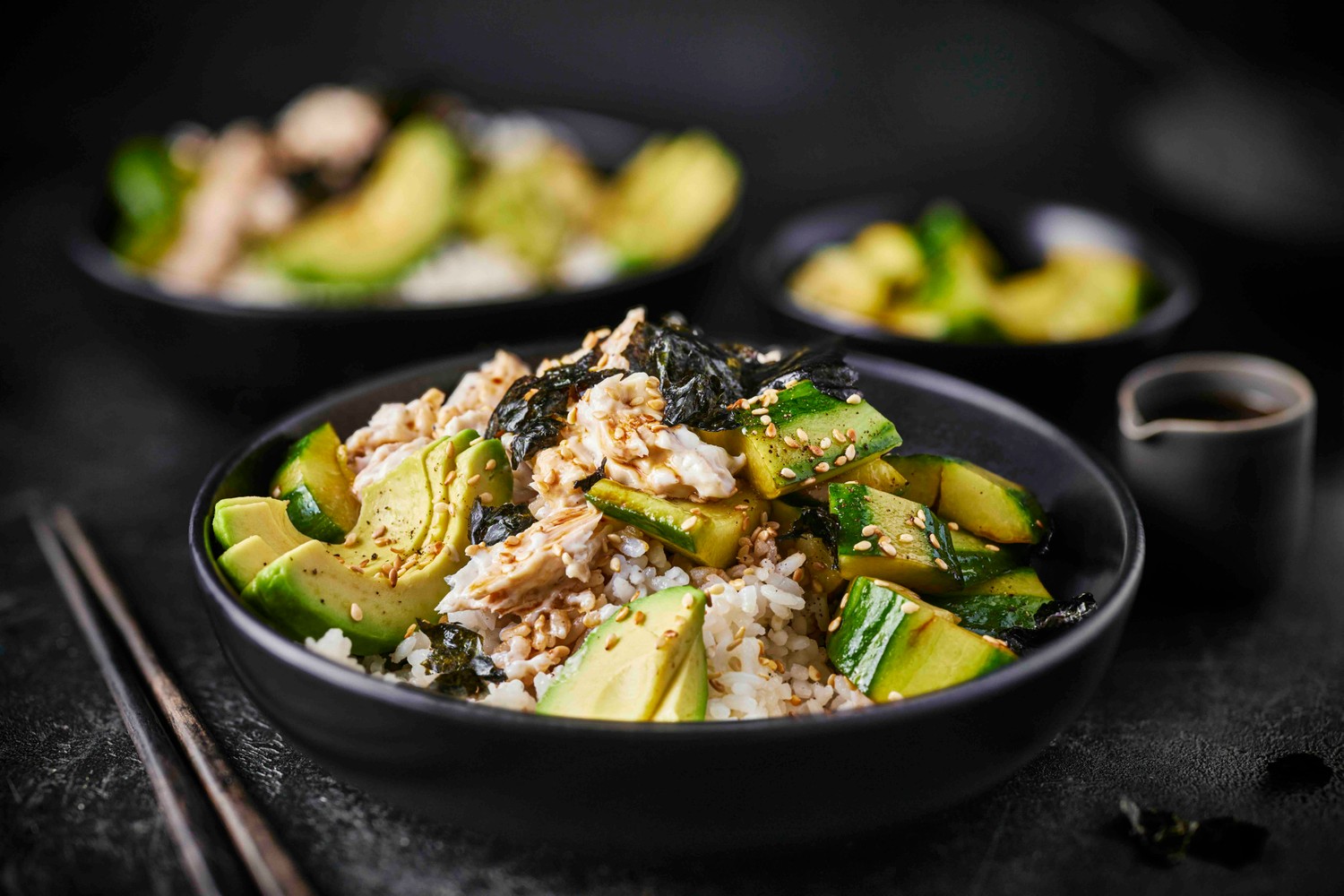 Tuna, smacked cucumber and avocado sticky rice bowls