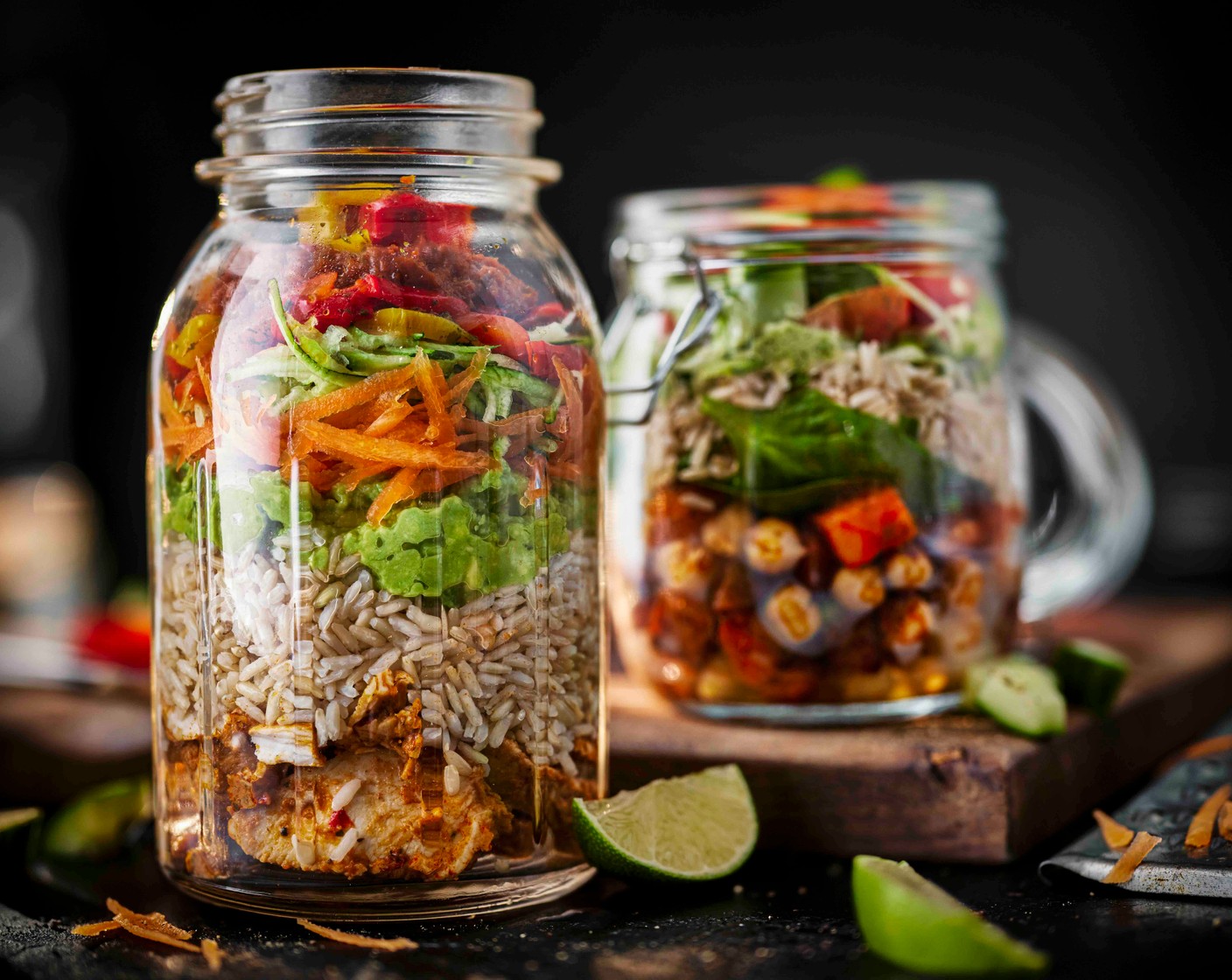 step 5 Mash the avocado (1/2) with the lime juice (1/2), then stir through the coriander (5 g). Season with salt and pepper. Assemble the jars by layering the chicken (100 g), rice, smashed avocado, grated carrot (1/4) and courgette (1/4), chargrilled peppers (2) and the red pepper mezze dip (2 tbsp).