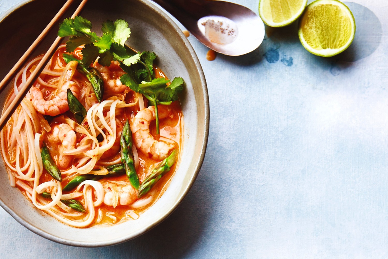 Asparagus and prawn coconut noodle soup
