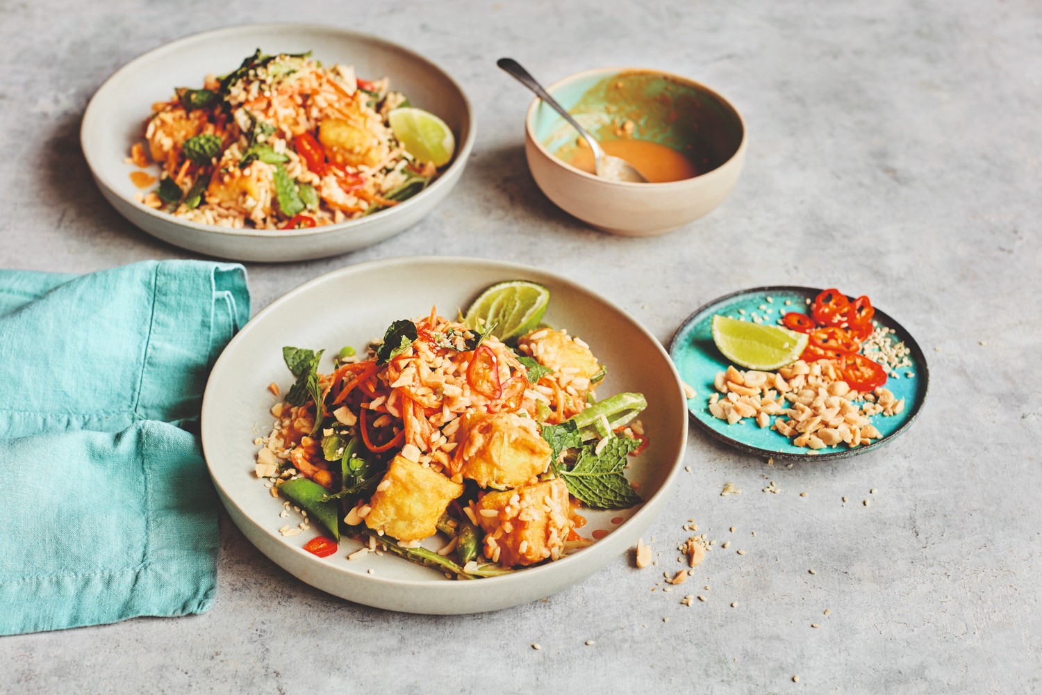 Crispy tofu and peanut rice bowls