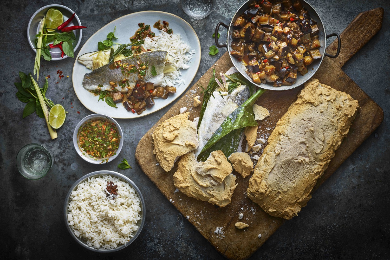 Salt-baked sea bass, spicy aubergine, fluffy rice and lip-smacking sauce