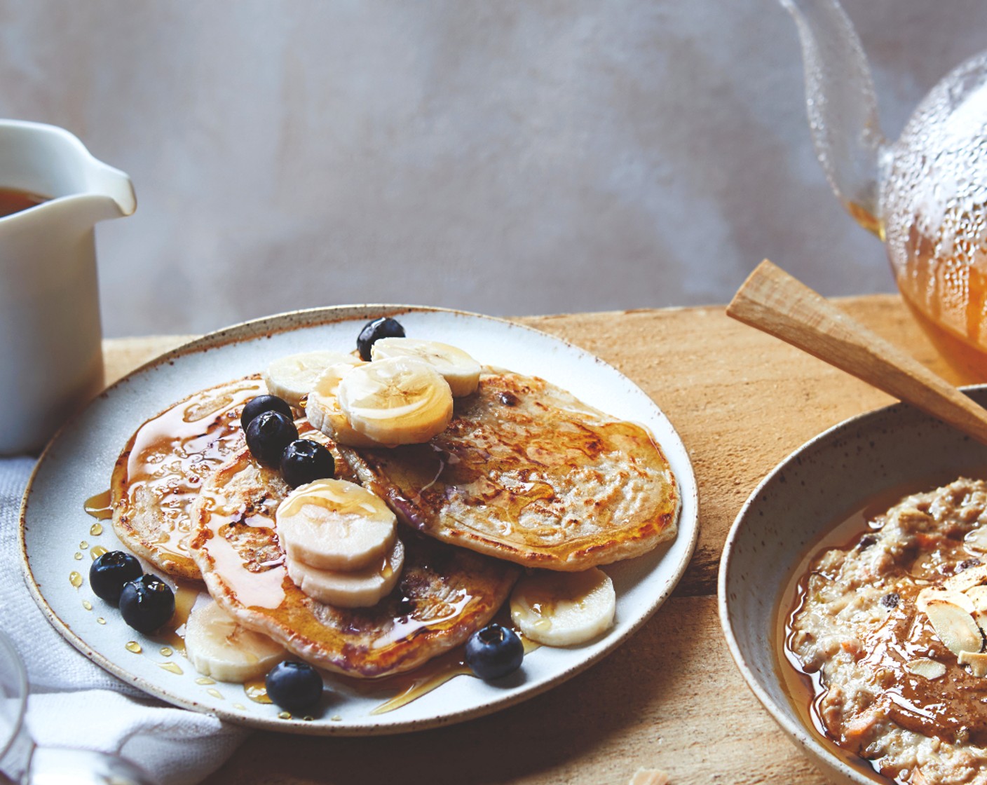 step 4 Working in batches, cook the remaining pancakes – keep any cooked ones warm in the oven. Serve with fresh fruit and maple syrup (to taste), if you like.