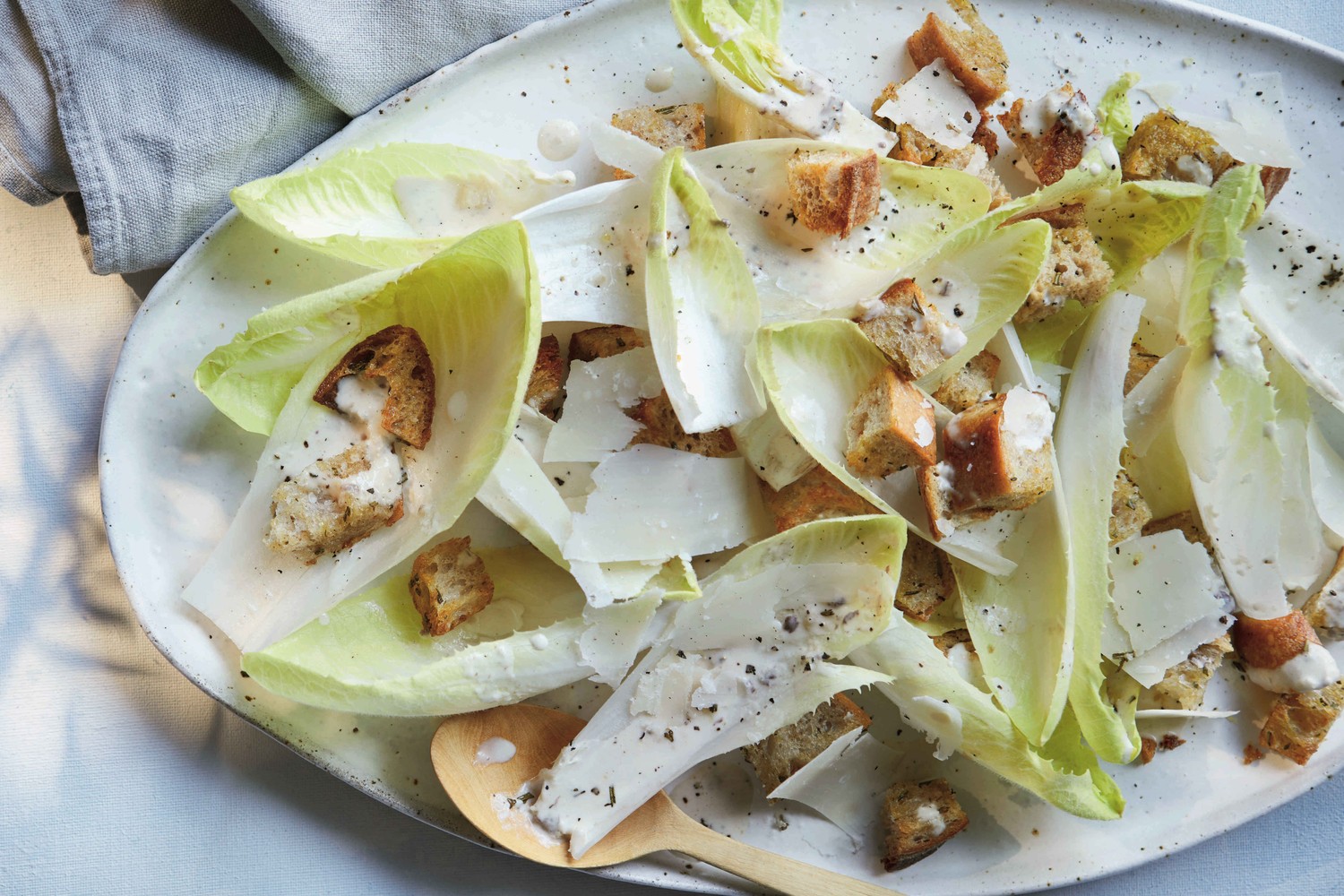 Chicory Caesar salad with rosemary croutons