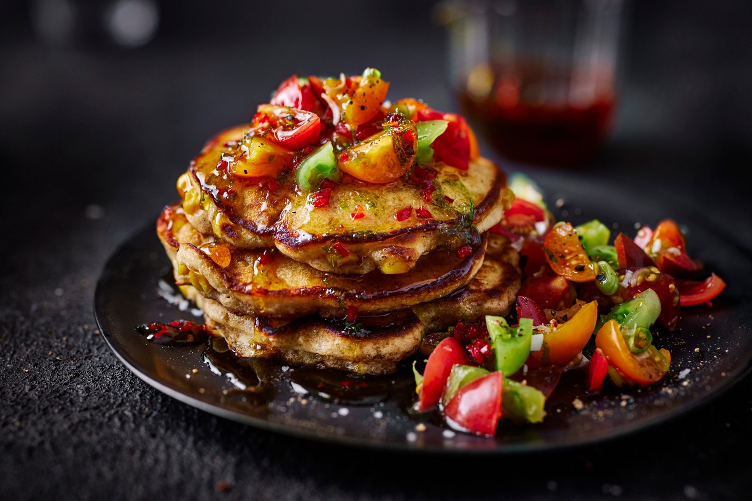 Sweetcorn pancakes with hot maple and tomato salsa