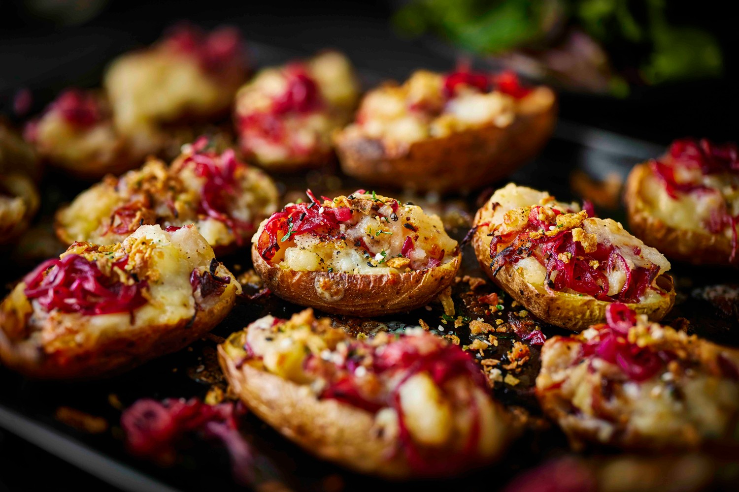 Caramelised onion loaded potato skins