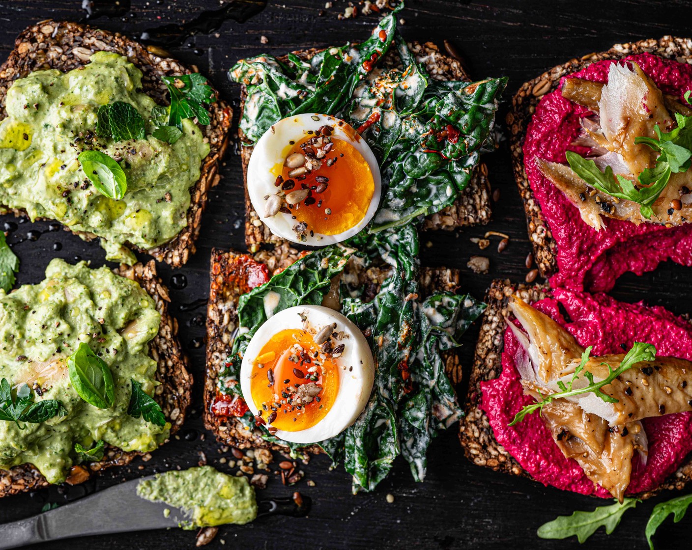 step 8 Top the toasts with the butter bean smash and finish with some fresh herbs, sesame seeds (2 tsp) and a drizzle of olive oil.