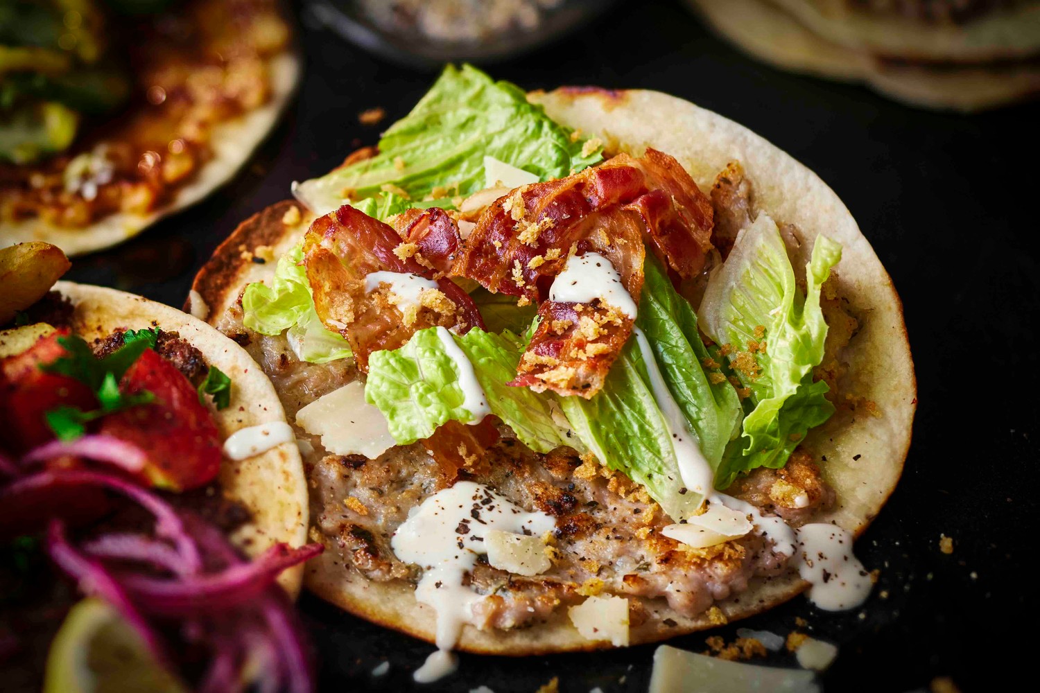 Smashed chicken Caesar tacos