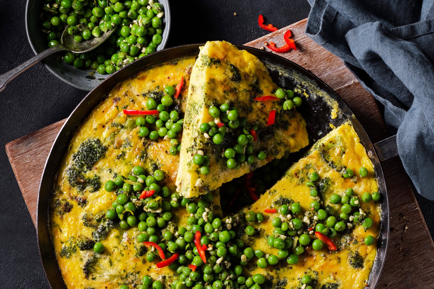 Broccoli and cheddar frittata with pesto peas