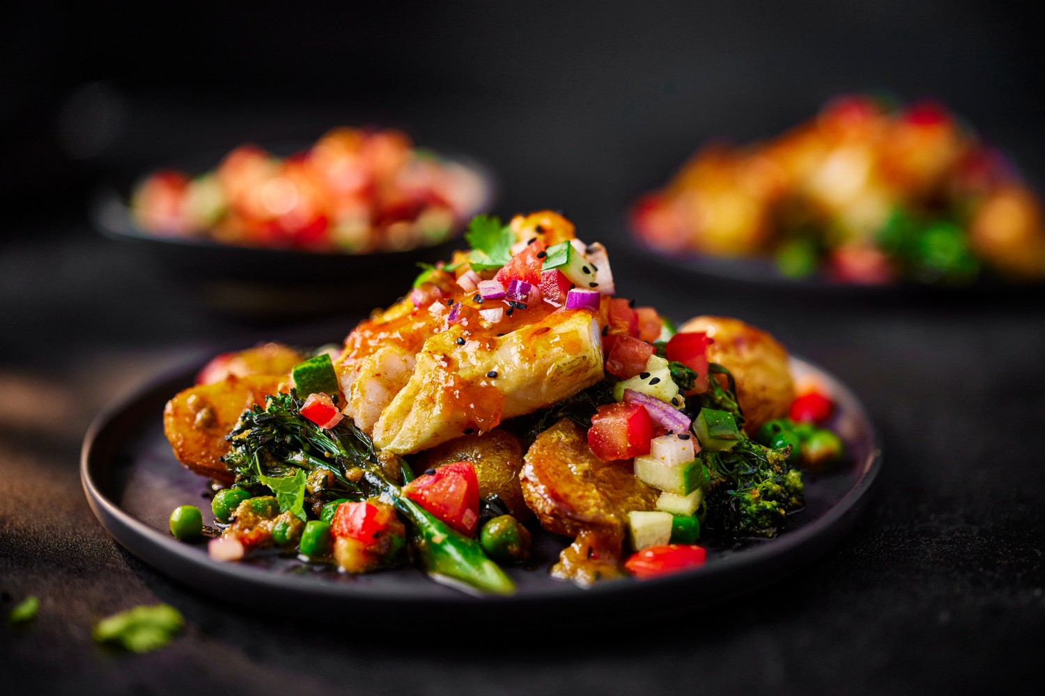 Mango chutney-glazed cod traybake and kachumber salad recipe