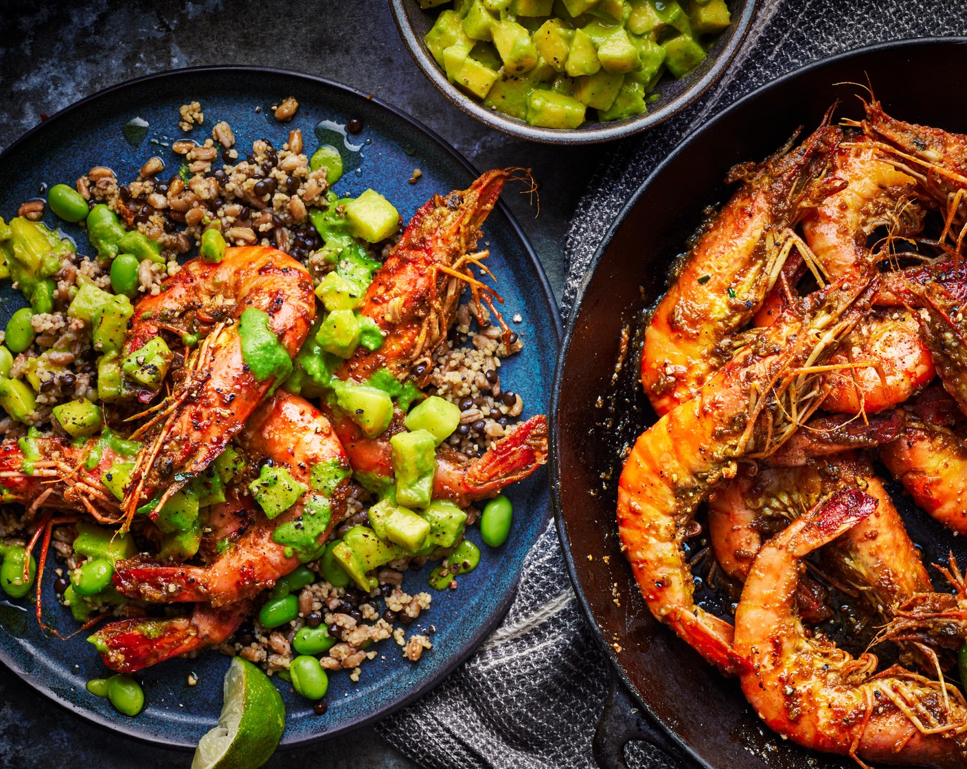 step 3 Pan-fry the prawns (670 g) and heat the wholegrain and edamame (580 g) according to the pack instructions. Serve with the mango salsa and more of the green pepper sauce on the side.